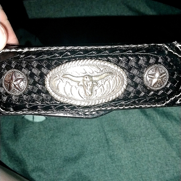 Western Steer Head Cowboy Belt Woven Black Tooled Leather w/ Steel Accents